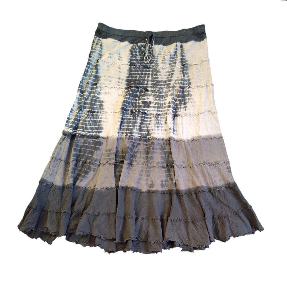 VTG Y2K Black Cream Color Tie Dye Tiered Fairy Grunge Cotton Skirt Large